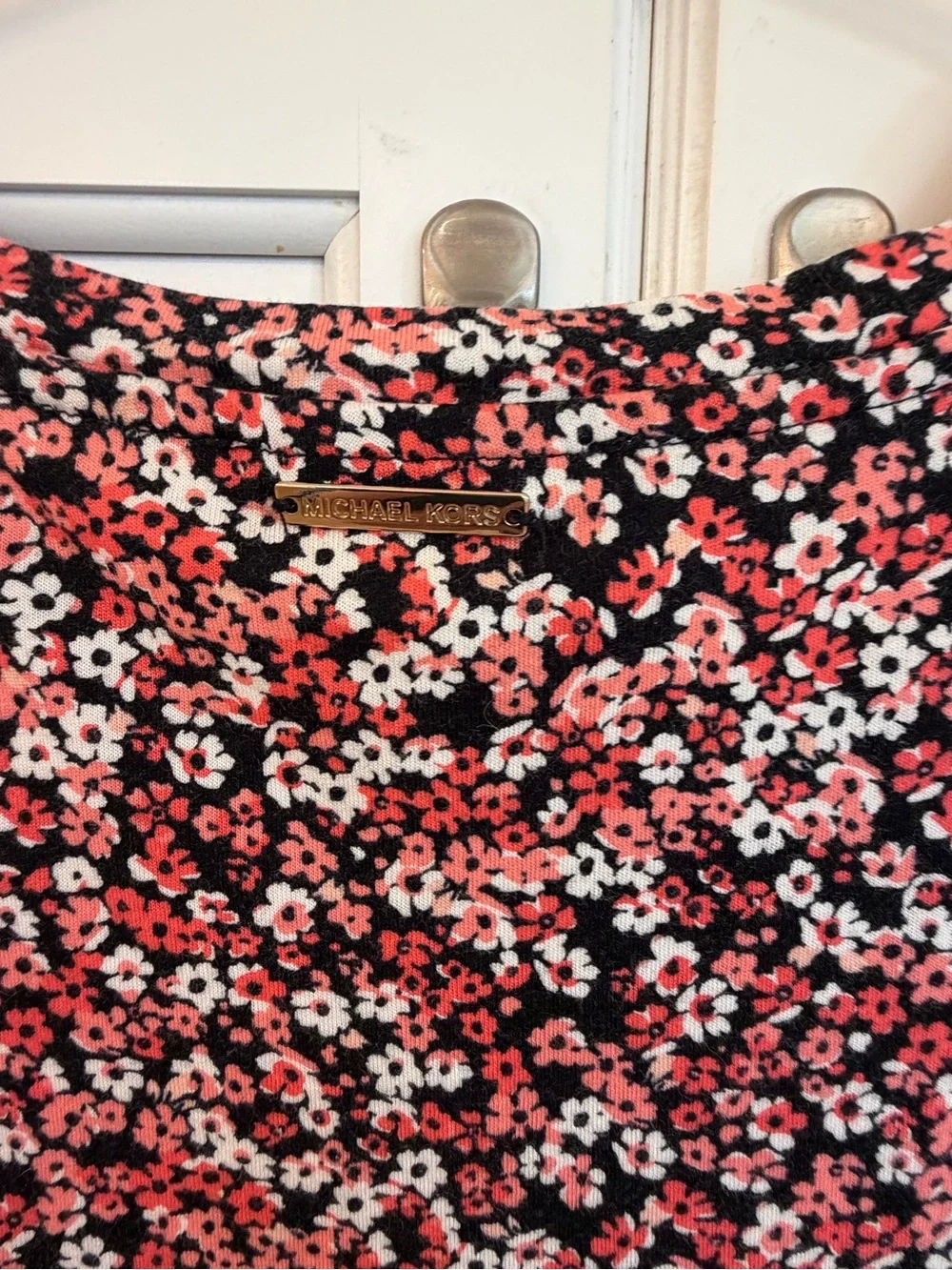 Michael Kors Black and Coral Floral Short-puff Sleeve Top large